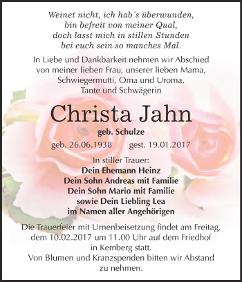 Traueranzeige von Christa Jahn von Super Sonntag Wittenberg