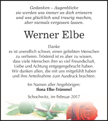Traueranzeige von Werner Elbe von WVG - Wochenspiegel Bitterfeld