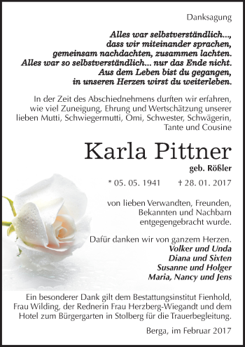 Traueranzeige von Karla Pittner von Mitteldeutsche Zeitung Sangerhausen