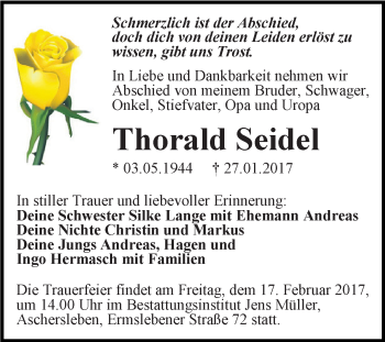 Traueranzeige von Thorald Seidel von Super Sonntag SGH Mansf. Land