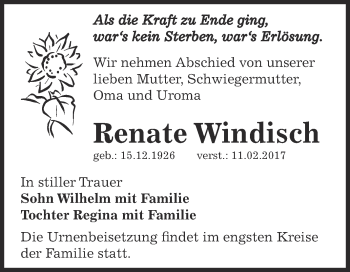 Traueranzeige von Renate Windisch von Super Sonntag Bernburg