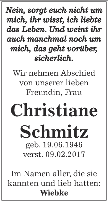 Traueranzeige von Christiane Schmitz von Super Sonntag Bernburg
