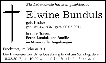 Traueranzeige von Elwine Bunduls von Mitteldeutsche Zeitung Halle/Saalkreis