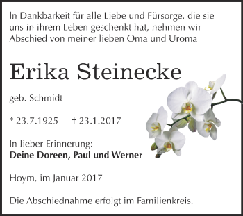 Traueranzeige von Erika Steinecke von Super Sonntag SGH Mansf. Land