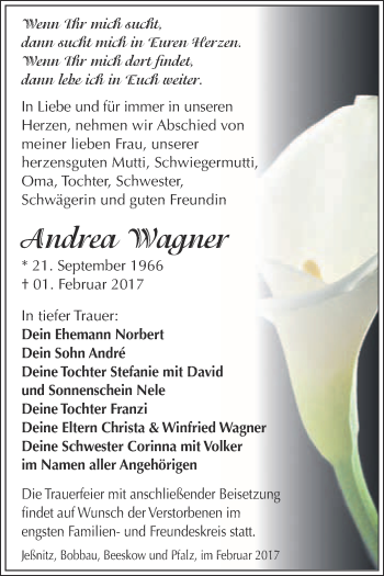 Traueranzeige von Andrea Wagner von WVG - Wochenspiegel Bitterfeld