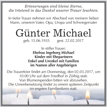 Traueranzeige von Günter Michael von WVG - Wochenspiegel Bitterfeld