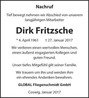 Traueranzeige von Dirk Fritzsche von Super Sonntag Wittenberg