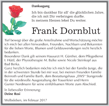 Traueranzeige von Frank Dornblut von Mitteldeutsche Zeitung Mansfelder Land