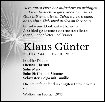 Traueranzeige von Klaus Günter von Mitteldeutsche Zeitung Bitterfeld