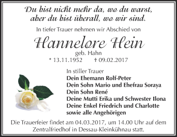 Traueranzeige von Hannelore Hein von WVG - Wochenspiegel Dessau / Köthen