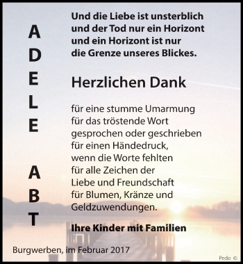 Traueranzeige von Adele Abt von Mitteldeutsche Zeitung Weißenfels