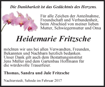 Traueranzeige von Heidemarie Fritzsche von Super Sonntag SGH Mansf. Land