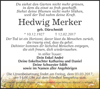 Traueranzeige von Hedwig Merker von Super Sonntag Wittenberg