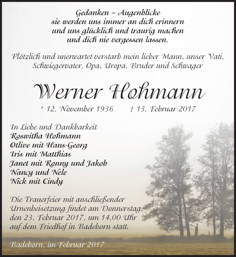  Traueranzeige für Werner Hohmann vom 18.02.2017 aus Mitteldeutsche Zeitung Quedlinburg