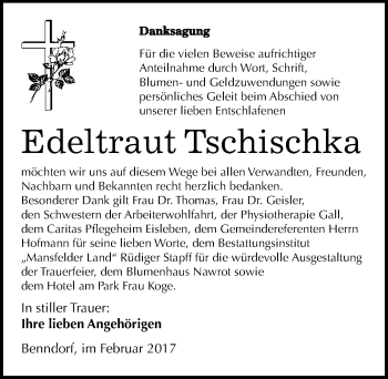 Traueranzeige von Edeltraut Tschischka von Mitteldeutsche Zeitung Mansfelder Land