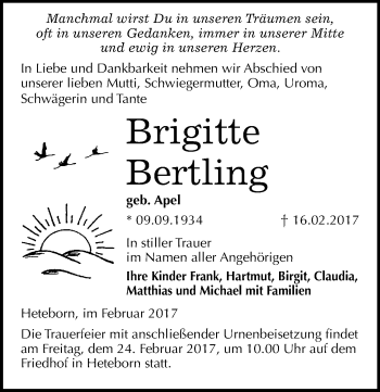 Traueranzeige von Brigitte Bertrling von Mitteldeutsche Zeitung Quedlinburg