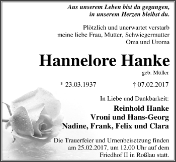 Traueranzeige von Hannelore Hanke von Mitteldeutsche Zeitung Dessau-Roßlau
