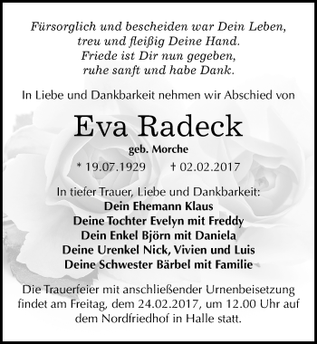 Traueranzeige von Eva Radeck von Mitteldeutsche Zeitung Halle/Saalkreis