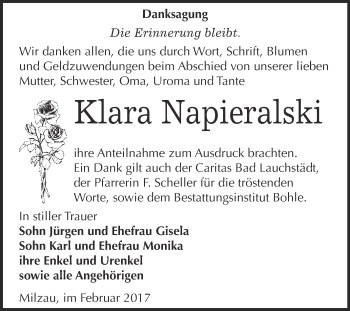 Traueranzeige von Klara Napieralski von Super Sonntag Halle