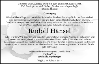 Traueranzeige von Rudolf Hänsel von Mitteldeutsche Zeitung Zeitz