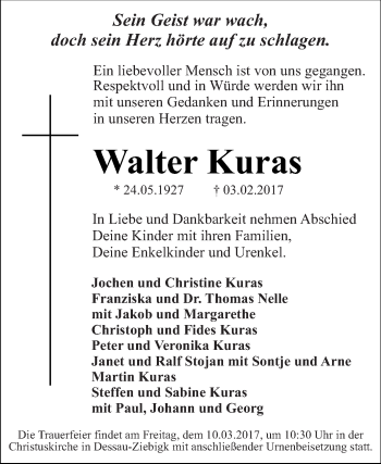 Traueranzeige von Walter Kuras von WVG - Wochenspiegel Dessau / Köthen