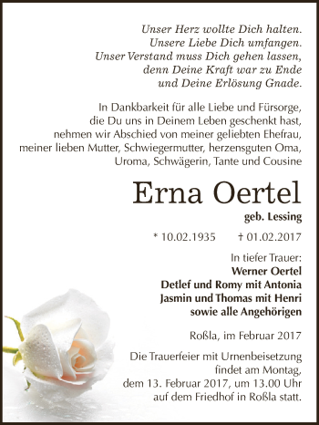 Traueranzeige von Erna Oertel von Super Sonntag SGH Mansf. Land