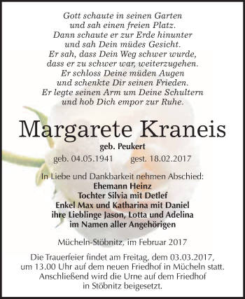 Traueranzeige von Margarete Kraneis von Super Sonntag Halle