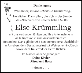Traueranzeige von Else Krümmling von Super Sonntag Bernburg