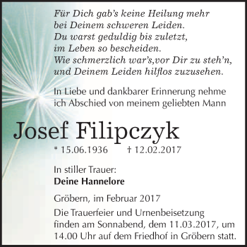 Traueranzeige von Josef Filipczyk von WVG - Wochenspiegel Bitterfeld