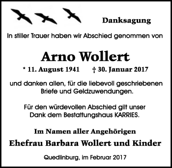 Traueranzeige von Arno Wollert von Mitteldeutsche Zeitung Quedlinburg