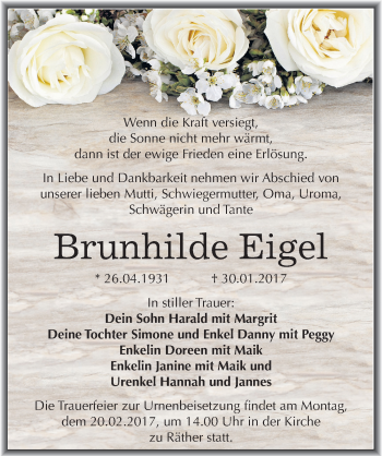 Traueranzeige von Brunhilde Eigel von Mitteldeutsche Zeitung Halle/Saalkreis