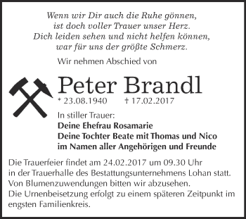 Traueranzeige von Peter Brandl von WVG - Wochenspiegel Bitterfeld