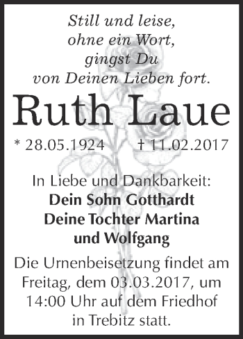 Traueranzeige von Ruth Laue von Super Sonntag Wittenberg