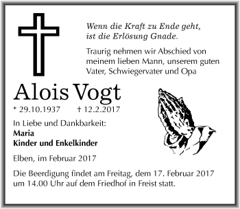 Traueranzeige von Alois Vogt von Mitteldeutsche Zeitung Mansfelder Land