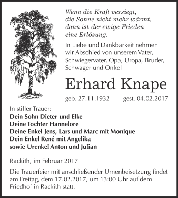 Traueranzeige von Erhard Knape von Super Sonntag Wittenberg