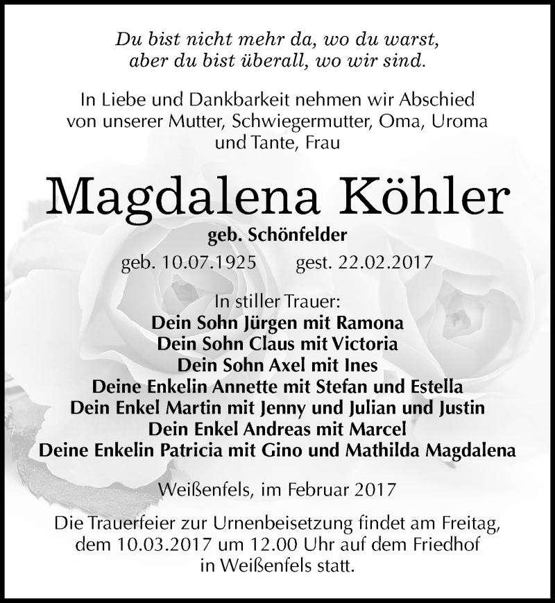  Traueranzeige für Magdalena Köhler vom 25.02.2017 aus Mitteldeutsche Zeitung Weißenfels