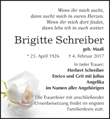 Traueranzeige von Brigitte Schreiber von Mitteldeutsche Zeitung Halle/Saalkreis