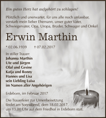 Traueranzeige von Erwin Marthin von Super Sonntag SGH Mansf. Land