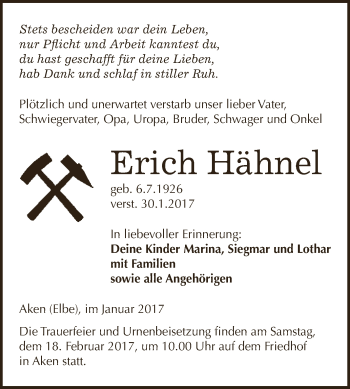 Traueranzeige von Erich Hähnel von WVG - Wochenspiegel Dessau / Köthen