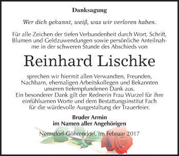 Traueranzeige von Reinhard Lischke von Mitteldeutsche Zeitung Merseburg/Querfurt