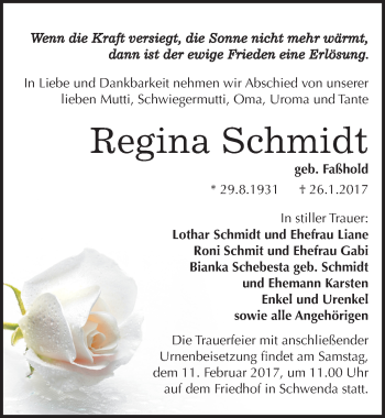 Traueranzeige von Regina Schmidt von Mitteldeutsche Zeitung Sangerhausen