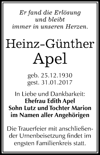 Traueranzeige von Heinz-Günther Apel von Mitteldeutsche Zeitung Halle/Saalkreis
