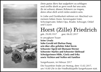 Traueranzeige von Horst Friedrich von Mitteldeutsche Zeitung Sangerhausen