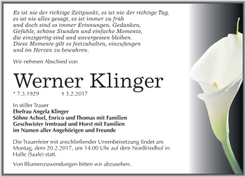 Traueranzeige von Werner Klinger von Mitteldeutsche Zeitung Halle/Saalkreis