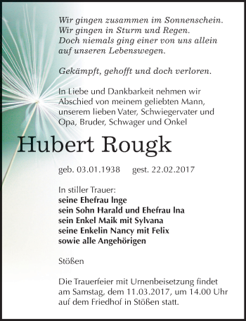 Traueranzeige von Hubert Rougk von Mitteldeutsche Zeitung Weißenfels