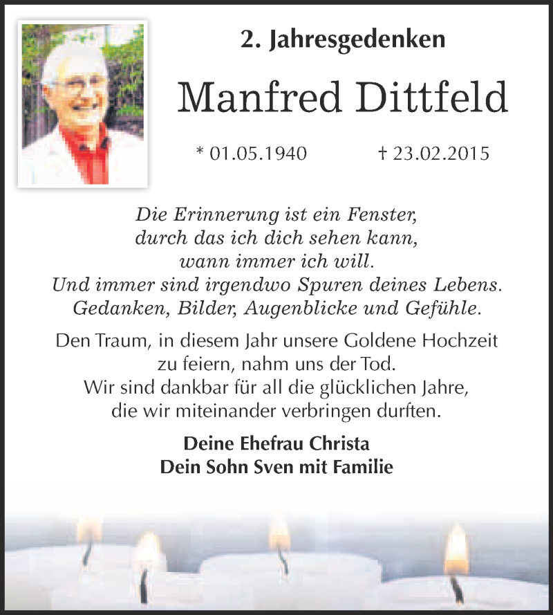  Traueranzeige für Manfred Dittfeld vom 25.02.2017 aus Super Sonntag Wittenberg