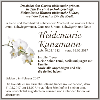 Traueranzeige von Heidemarie Kunzmann von Super Sonntag SGH Mansf. Land