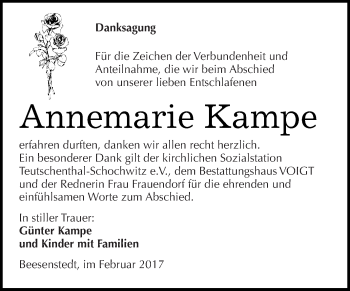 Traueranzeige von Annemarie Kampe von Super Sonntag SGH Mansf. Land