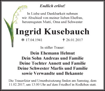 Traueranzeige von Ingrid Kusebauch von Mitteldeutsche Zeitung Dessau-Roßlau