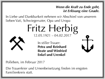 Traueranzeige von Fritz Herbig von Mitteldeutsche Zeitung Mansfelder Land